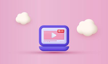 Canlı yayın çalma düğmesi olan çizgi film dizüstü bilgisayarı