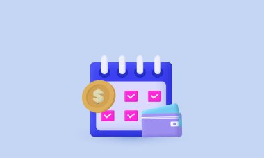  3D gerçekçi karikatür takvim cüzdan para para yaratıcı simge modern stili kontrol