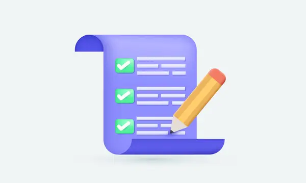 Mor vektör tasarımı üzerine 3d gerçekçi ikon yeşil kontrol listesi panosu kalem