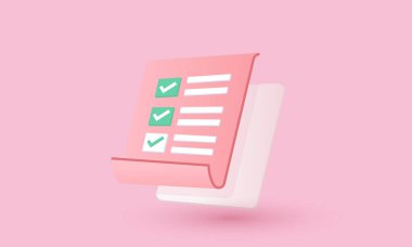 Pembe arkaplan çizgi film biçimi vektör tasarımı üzerinde 3d gerçekçi beyaz pano kontrol listesi