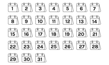 Takvim logo simgesi koleksiyonu 1, 2, 3, 4, 5, 6, 7, 8, 9, 10, 11, 12, 13, 14, 15, 16, 17, 18, 19, 20, 21, 22, 23, 24, 25, 26, 27, 28, 29, 30. Yıl boyunca vektör tasarımı