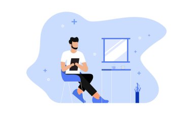 Düz tasarım illüstrasyon kavramları .design vektör illüstrasyonu yaparken elinde tablet tutan bir erkek işçi 