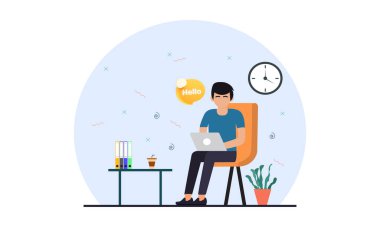 Genç adam dizüstü bilgisayarı kullanarak koltukta oturuyor. Tasarım vektörü illüstrasyonu 