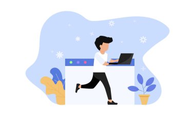 Dizüstü bilgisayarla çalışan bir karakterin Düz Vektör İllüstrasyonuName 