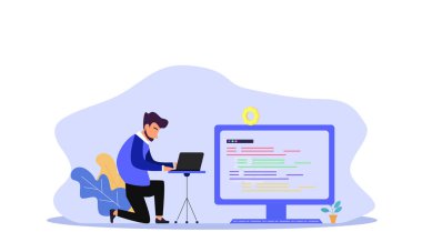 Laptop.design vektör illüstrasyonu ile çalışan Düz Vektör Karakter İllüstrasyonu 