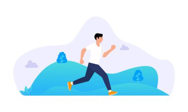 Bir kişinin manzaranın tadını çıkarırken koşup koştuğunu gösteren vektör illüstrasyonu.. tasarım vektörü illüstrasyonu 