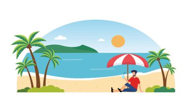 Plajda elinde bir bardak su tutan bir adamın düz tasarım çizimi. Tatillerin tadını çıkarmak için. 