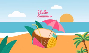 Neşeli bir yaz atmosferine sahip düz tasarım; posterler, sosyal medya afişleri, tebrik kartları veya plajlı reklamlar için mükemmel, tatil, güneşli bir hava hissi.