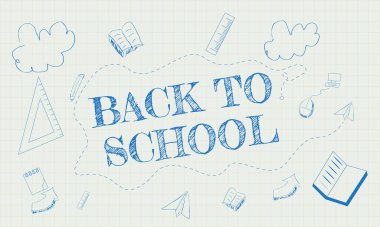 Heyecanlı bir okula dönen bir web pankartı okul malzemelerini gösteriyor. Eğitim siteleri, okul promosyonları, sınıf posterleri veya çocuk öğrenme materyalleri için mükemmel.