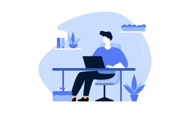 Genç adam çalışma alanı biyofilik tasarım konsepti vektör çizimi. Tasarım vektörü illüstrasyonu 