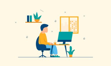 Bir fincan kahve ile çalışan bir adamın düz vektör tasarımı çizimi