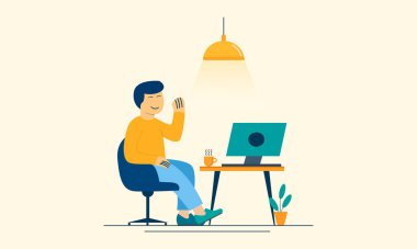 Gülümseyerek çalışan bir adamın düz vektör tasarımı çizimi