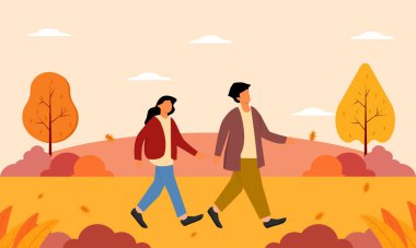 Bir erkek ve bir kadın, sonbahar atmosferinin tadını çıkarırken güzel manzaraya bakıyorlar..