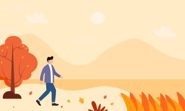 Sonbaharda bir adam yürüyor ve yapraklar dökülüyor. Düz tasarım çizimi.