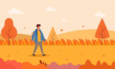 Sonbaharda, sonbahar kıyafetleri içinde yürüyen bir adamın düz tasarım çizimi.