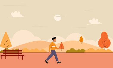 Sonbaharda yürüyen bir adamın düz tasarım çizimi