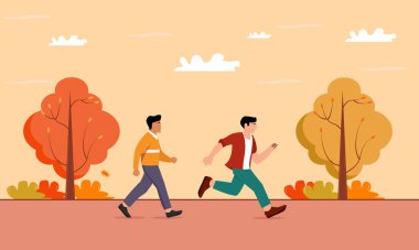 Rengarenk sonbahar ağaçlarının tadını çıkaran iki adamın düz çizimi.