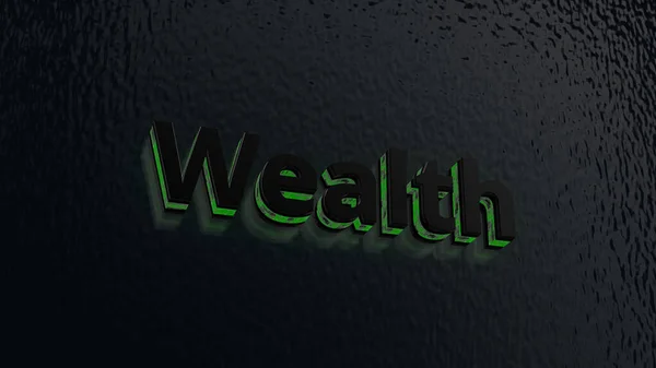 The photo shows black and green waisted 3D letters against a reflecting bluish background that make up the word wealth
