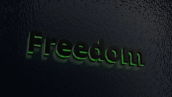 The photo shows black and green waisted 3D letters against a reflecting bluish background that make up the word freedom