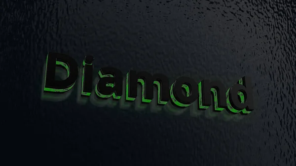 The photo shows black and green waisted 3D letters against a reflecting bluish background that make up the word diamond