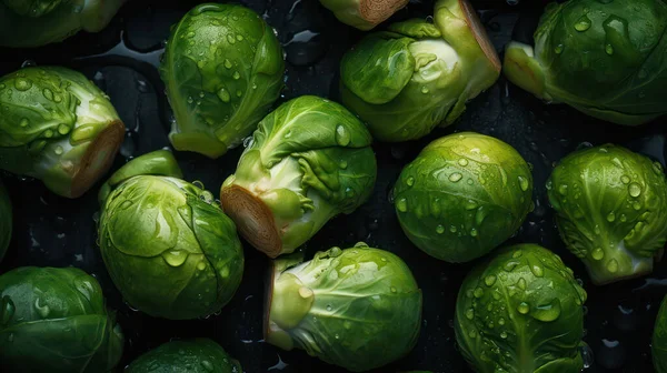 A stunning macro photograph of fresh Brussels sprouts on a seamless background, enhanced by glistening water droplets. Shot with a Hasselblad camera and processed with professional color grading, the image features soft shadows and a clean, sharp foc