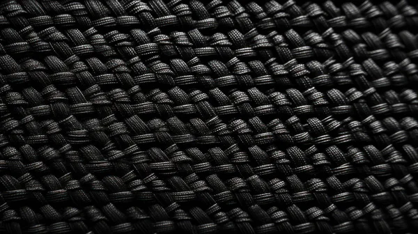 This macro shot showcases the intricate wicker pattern of a black nylon textile material. The ultra-wide angle lens captures the depth of field and hyper-detailed texture, beautifully color-coded in cinematic color grading. The image is hyper-realist