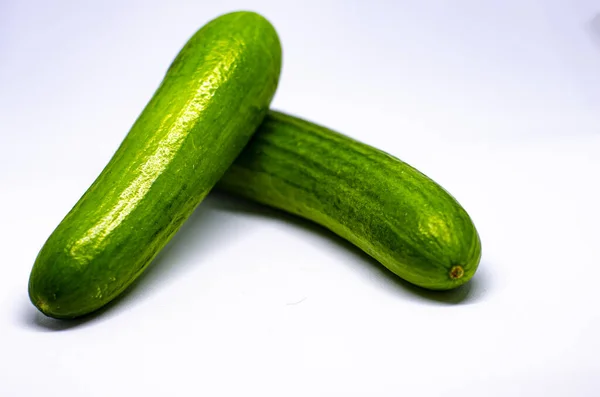 Freshly Picked Close Photo Two Crisp Cucumbers White Background — Stock Photo, Image