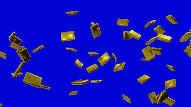 Goldbarren Fliegen Der Luft Auf Blauem Hintergrund Rendering Animation — Stockvideo