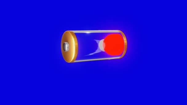 透明的3D图片一个锂电池充电蓝色背景 4K动画 高功率和低功率 红色及绿色海流警告 — 图库视频影像