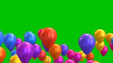 3D animasyon renkli balonlar yeşil arka planda havada uçuşuyor. Bayramlık doğum günü etkisi. 4k üç boyutlu video