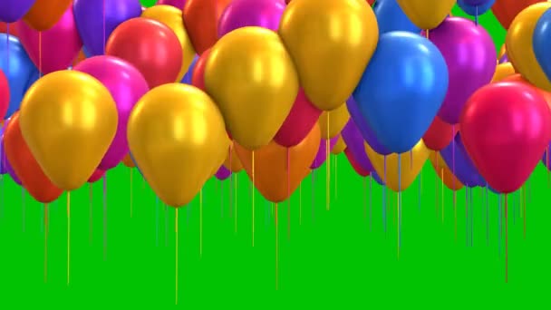 Animatie Kleurrijke Ballonnen Vliegen Lucht Een Groene Achtergrond Feestelijk Verjaardagseffect — Stockvideo