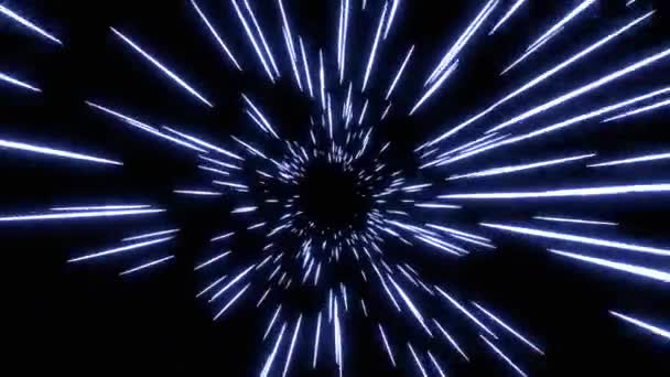 黒の背景に青の光の抽象的な背景 銀河の光の速さ ネオンが速く動きます 宇宙空間での星の速度 一瞬の光のバースト 星の噴火 — ストック動画