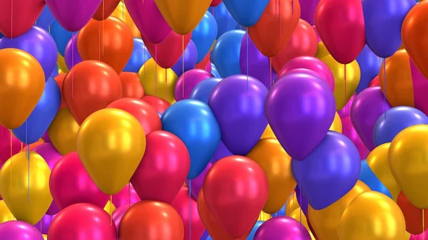 Yeşil arka planda havada uçuşan renkli 3D balonlar. Bayramlık doğum günü etkisi. Üç boyutlu balon 4k. 3d oluşturma