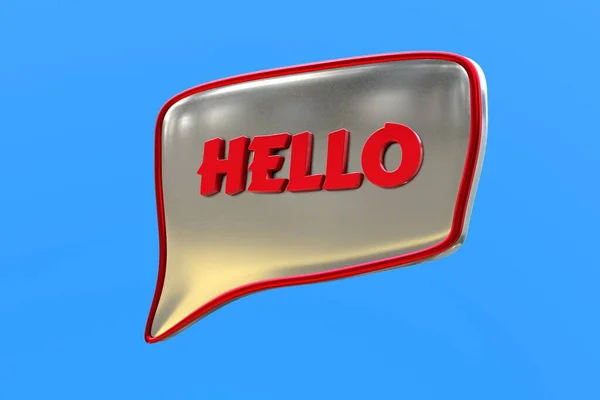 Merhaba 3D kelime sembolü kırmızı metal ve krom mavi arka planda. Selamlar Yüksek Çözünürlüklü metin. Medya içeriği açılıyor. 3d oluşturma