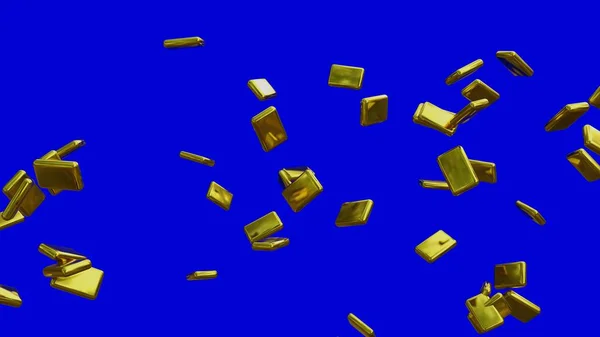 Mavi arka planda havada uçuşan 3D altın külçeler. 3d oluşturma