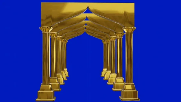Mavi arka planda Altın Müslüman Camii kapısı. İslam tapınma evinin kapısı. 3d hazırlayıcılar