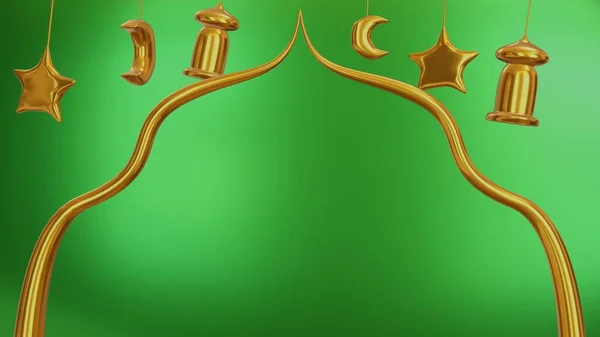 Müslüman temalı 3d şablonu yeşil arka planlı altın rengidir. Cami süsü, yıldız, ay ve Arap lambası. 3d oluşturma
