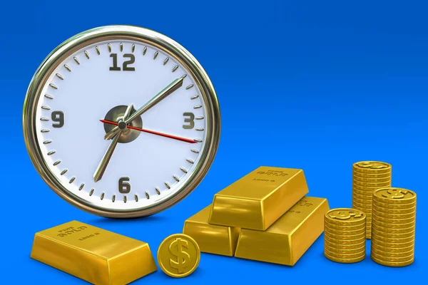 Mavi arka planda beyaz ve gümüş 3D duvar saati. Altın paralar ve külçeler. Zaman ve zenginliğin yansıması. 3d oluşturma