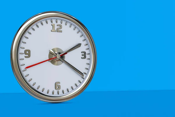 White and silver 3d wall clock on blue background. Illustration of running time. 3d rendering
