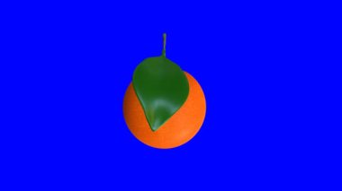 Mavi arka planda portakal meyvesinin 3 boyutlu animasyonu. 3D görüntüleme. 4k
