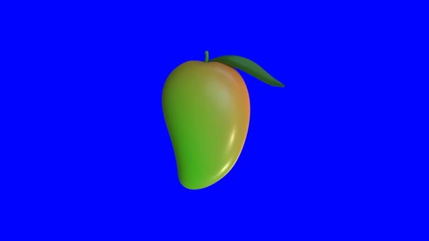 青い背景に回転するマンゴーフルーツの3Dアニメーション 3Dレンダリング — ストック動画