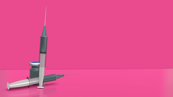 Анимация Шприца Бутылки Лекарствами Вращающиеся Розовом Фоне — стоковое видео