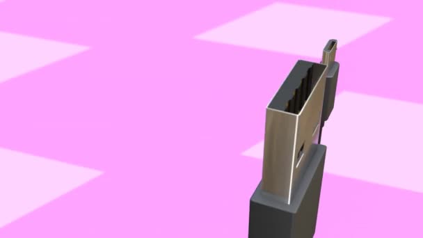 ピンクの背景に3DアニメーションのUsbケーブルタイプAとマイクロUsb 4Kビデオ回転Dc電流導体は テキストの負のスペースを提供します — ストック動画