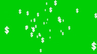 Amerikan Doları sembolü. Amerikan dolarının canlandırılmış parçacıkları yeşil zemine saçılmış.
