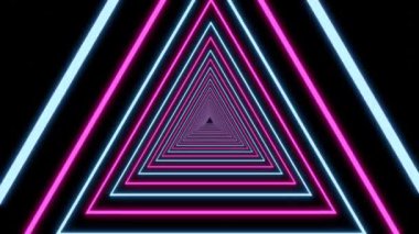 Mavi ve pembe renklerde soyut geometrik arkaplan, pürüzsüz tekrarlayan desen içinde hareket ediyor, siyah üzerine izole edilmiş üçgen neon ışıklar, pankart için dijital görüntü. 4k