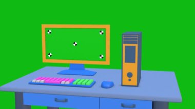 Yeşil ekranlı 4k video 3d bilgisayar illüstrasyonu, bilgisayar ekranı ve izleme işareti şablonu, dijital teknolojili çalışma alanı