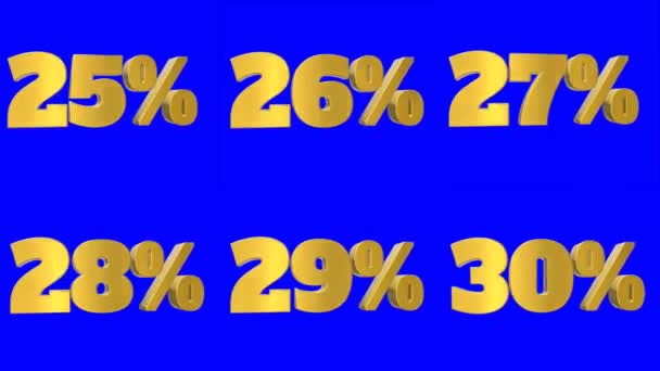 青で隔離されたシームレスなループを移動する黄金パーセントの数字3Dアニメーションのセット 数字のシンボルイラスト メディア広告バナーのパーセント図 — ストック動画