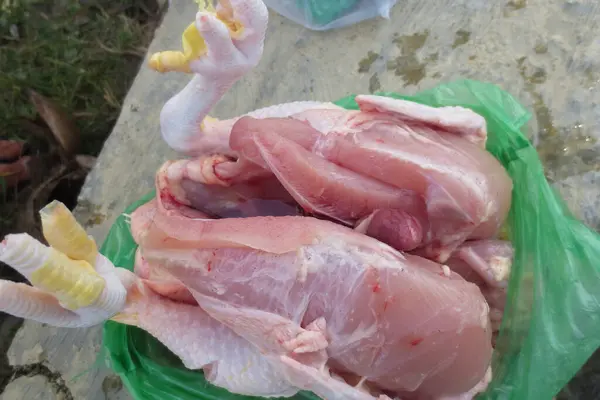 Marketten yeni alınmış bir tavuk plastiğin içine yerleştiriliyor ve desenli çimento arka planında pişiriliyor..                