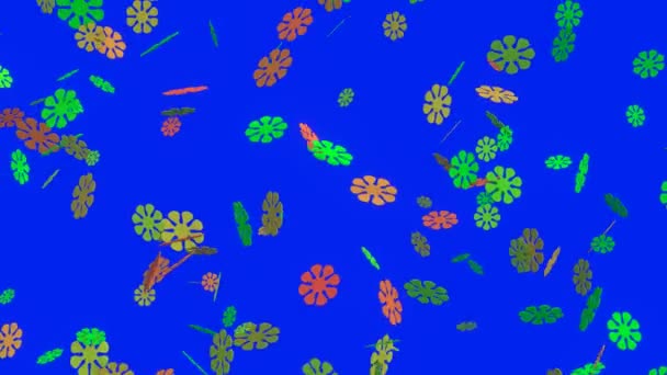 色彩斑斓的花朵在蓝色的背景上从上方落下 彩色花朵的3D动画 — 图库视频影像