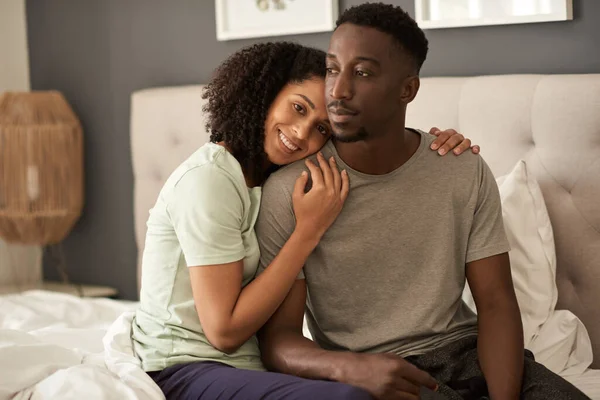 Portrait Loving Young Multiracial Couple Sitting Together Bed Home Waking — Stock Photo, Image